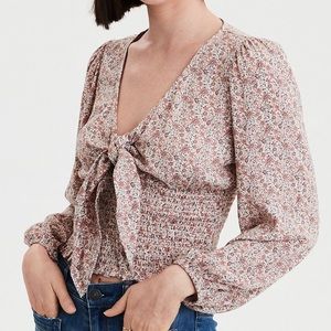 AE Smocked Long Sleeve Floral Tie Front Top